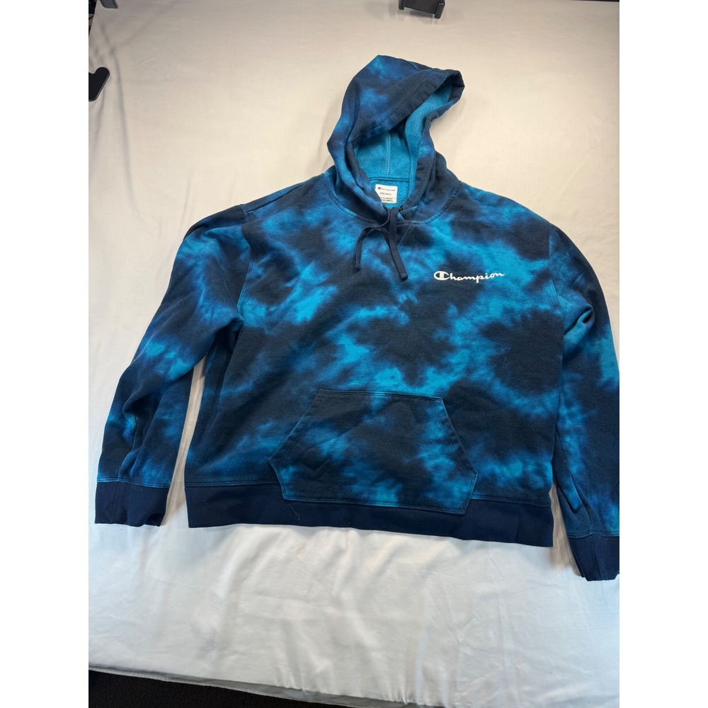 Champion Women XXL Blue Black Tie Dye Hoodie Sweatshirt Fleece Logo Pullover